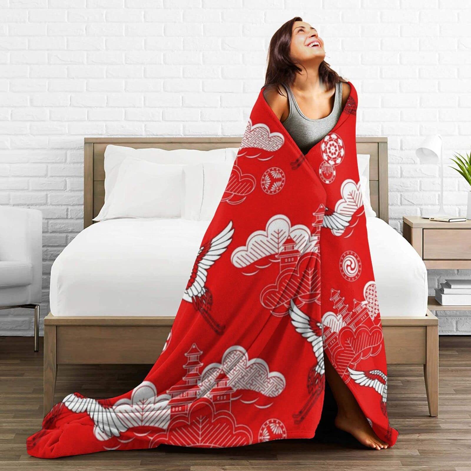 Amazon｜鶴柄 ツル柄 鶴 つる 和風 和柄 和調 伝統柄 レッド 毛布